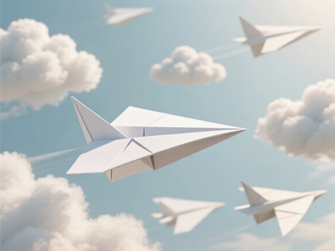 A single paper airplane flying through a sky filled with real clouds shaped like other airplanes.