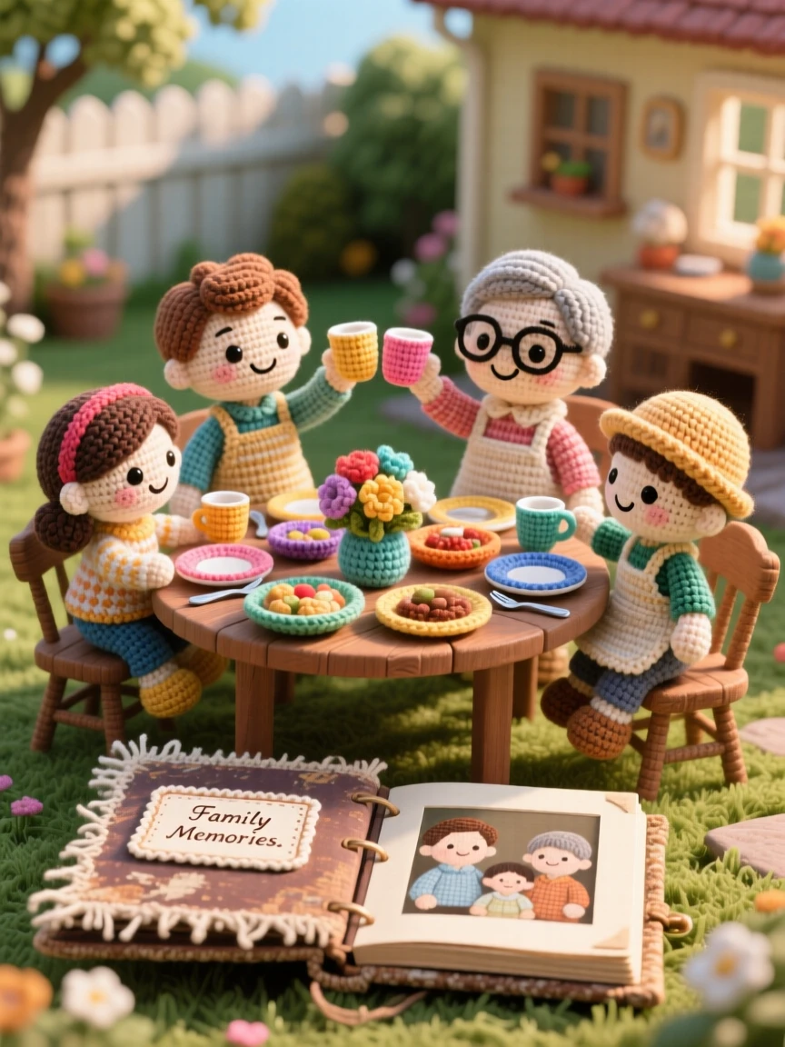 a family reunion gathering in a sunny backyard, with tables set for a shared feast, is captured raising glasses together in a toast in a warm dining room set for a family gathering beside a worn but beloved family photo album, showing warm nostalgia and gentle family tradition.
