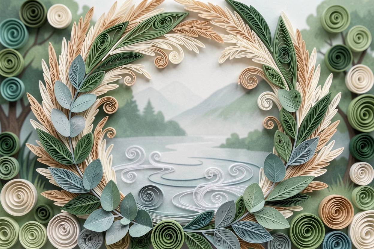 A serene botanical study of a wreath of eucalyptus and pampas grass along the edge of a misty mountain lake, under a light mist rising from the ground, framed by soft out-of-focus greenery.