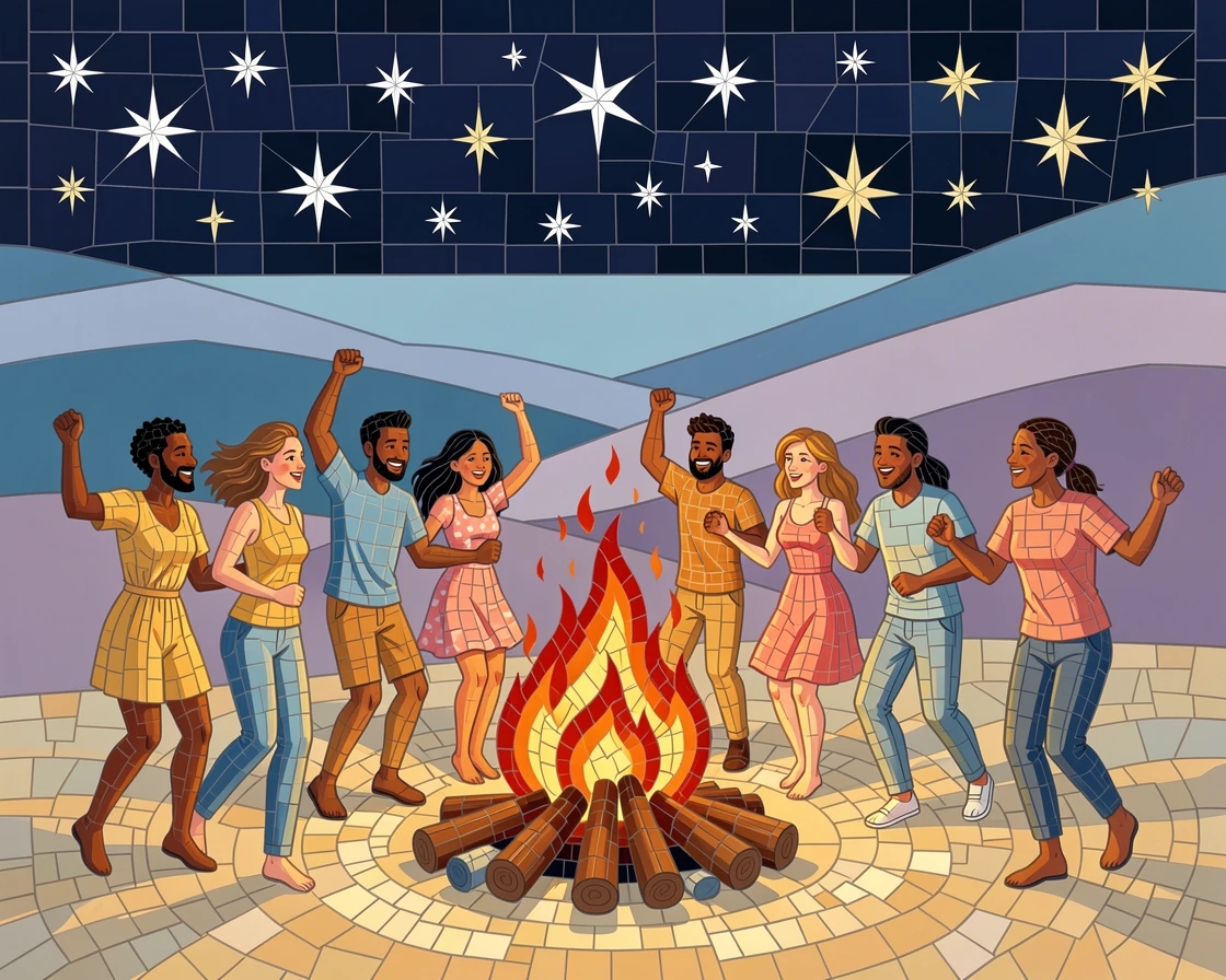 A summer beach bonfire party with friends dancing under the stars, filled with warm light, motion, and joyful energy.