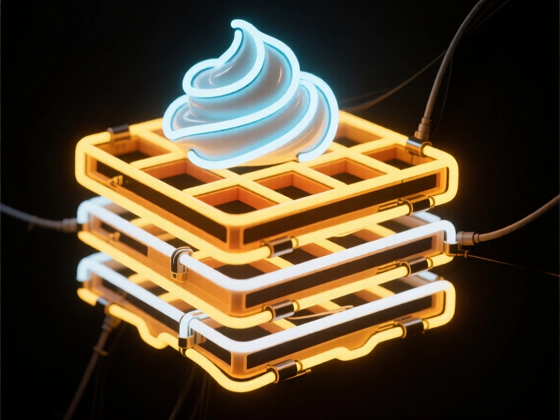 A stack of Belgian waffles topped with fresh whipped cream.