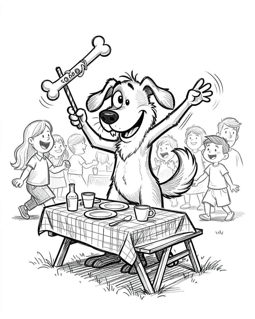A dog directing traffic with a bone as a baton beside a picnic table at a family gathering.