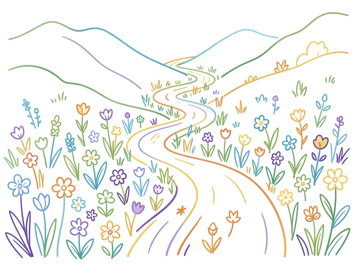 A quiet mountain switchback trail winding through wildflower meadows.