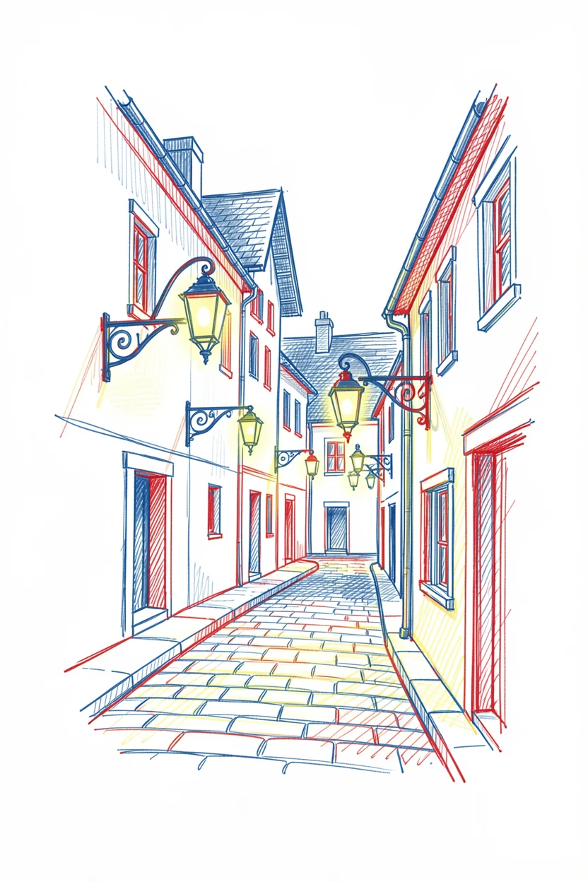 A quiet historic quarter with lantern-lit streets after sunset