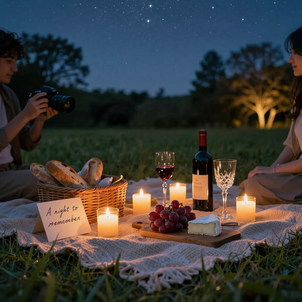 A candlelit picnic on a blanket under the stars