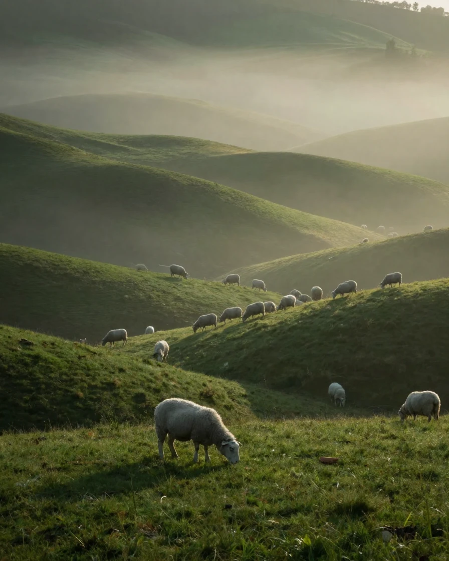 A dense fog rolling over rolling green hills dotted with grazing sheep