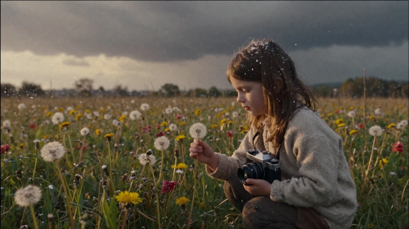 A little girl picking dandelions in a wildflower meadow, under a glowing sunset sky, under a darkening storm sky, under the first snow of winter, with muted olive and rust colors, through a rain-streaked window.
