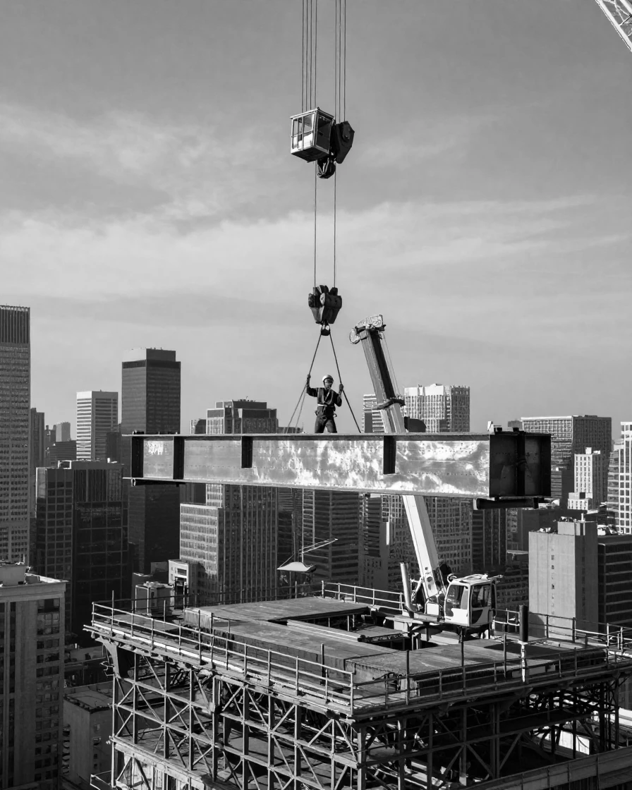 A crane operator lifts a steel girder above the skyline atop a towering construction site.