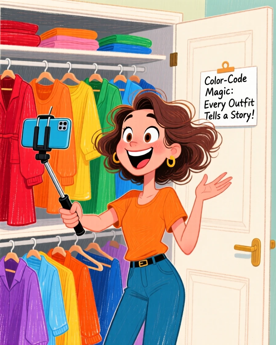 A woman doing a closet organization video, color-coded outfits neatly displayed.