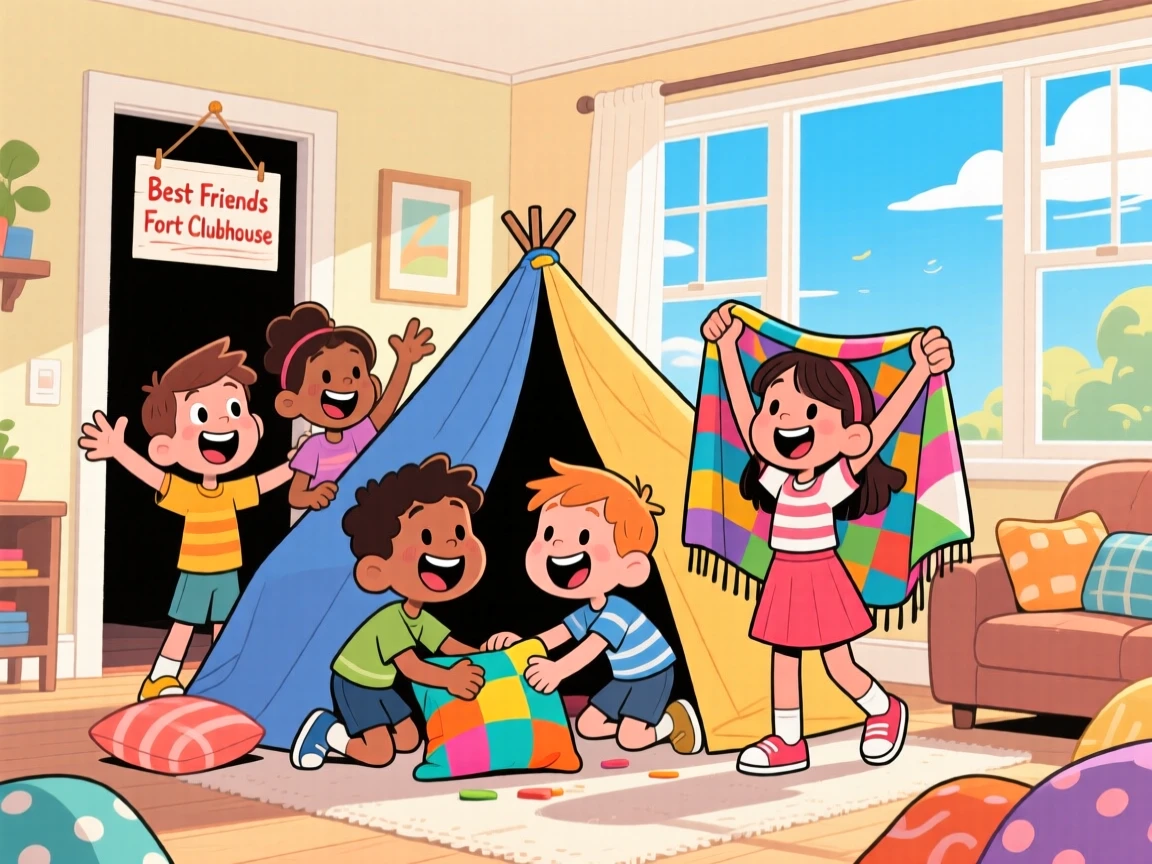 A playful childhood moment of a group of best friends building a blanket fort in the living room, under a bright and cloudless summer sky.
