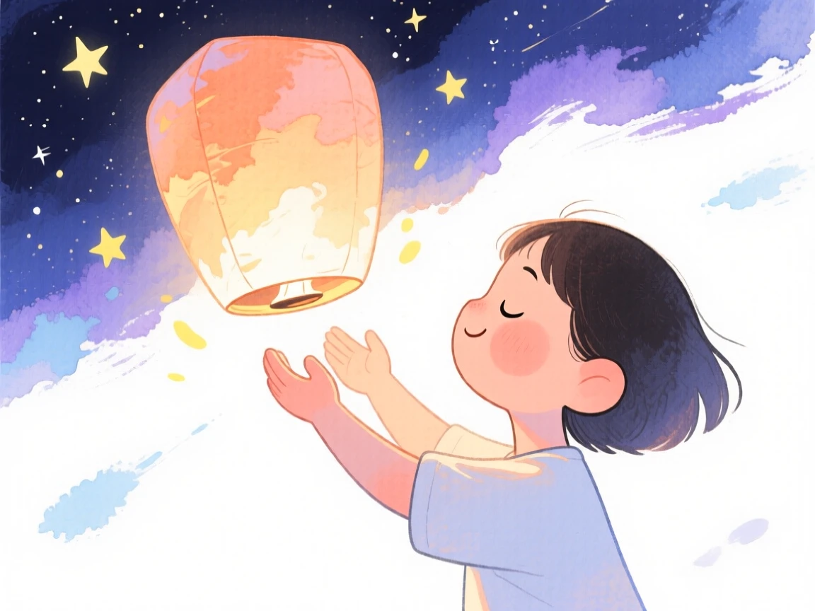 An uplifting, heartwarming moment of a person releasing a paper lantern into a starry sky, eyes closed in hope