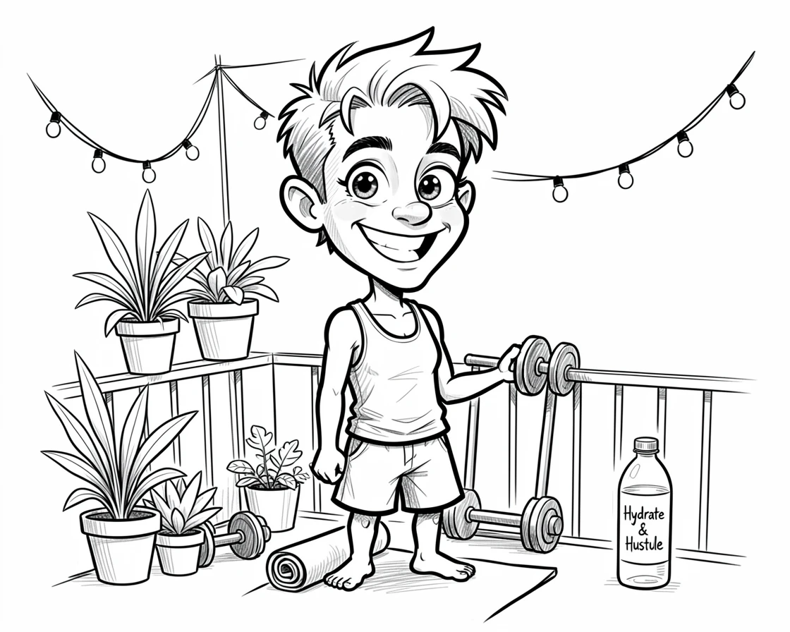 [Trending & Universal Topics] Modern lifestyle scene of a laid-back home fitness enthusiast decorating a small apartment balcony, capturing everyday joy