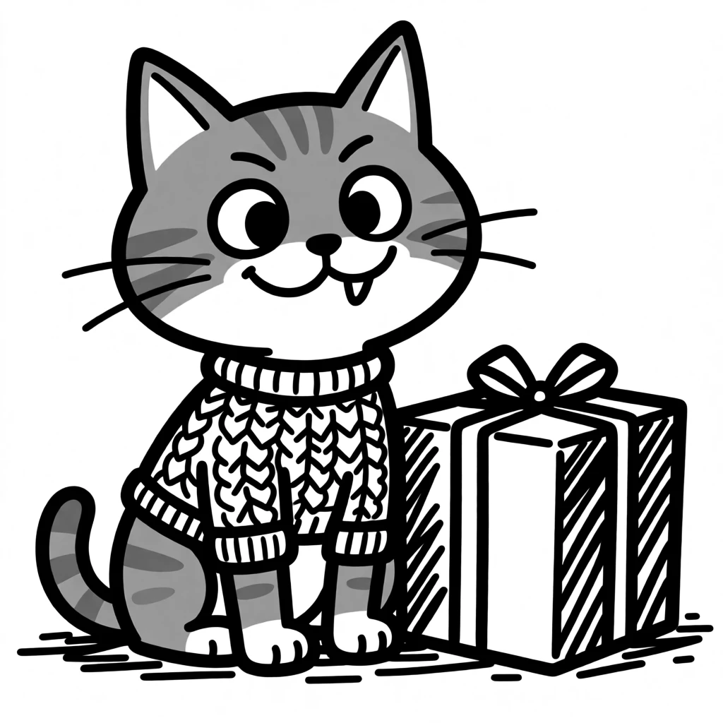 A orange tabby kitten wearing a knitted holiday sweater, sitting beside a wrapped present twice its size.