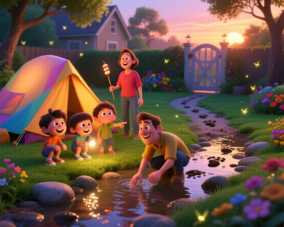 A group of friends camping in a backyard tent takes place beside a babbling creek lined with smooth stones, with a trail of muddy footprints leading away. A lighthearted sense of discovery colors the moment.