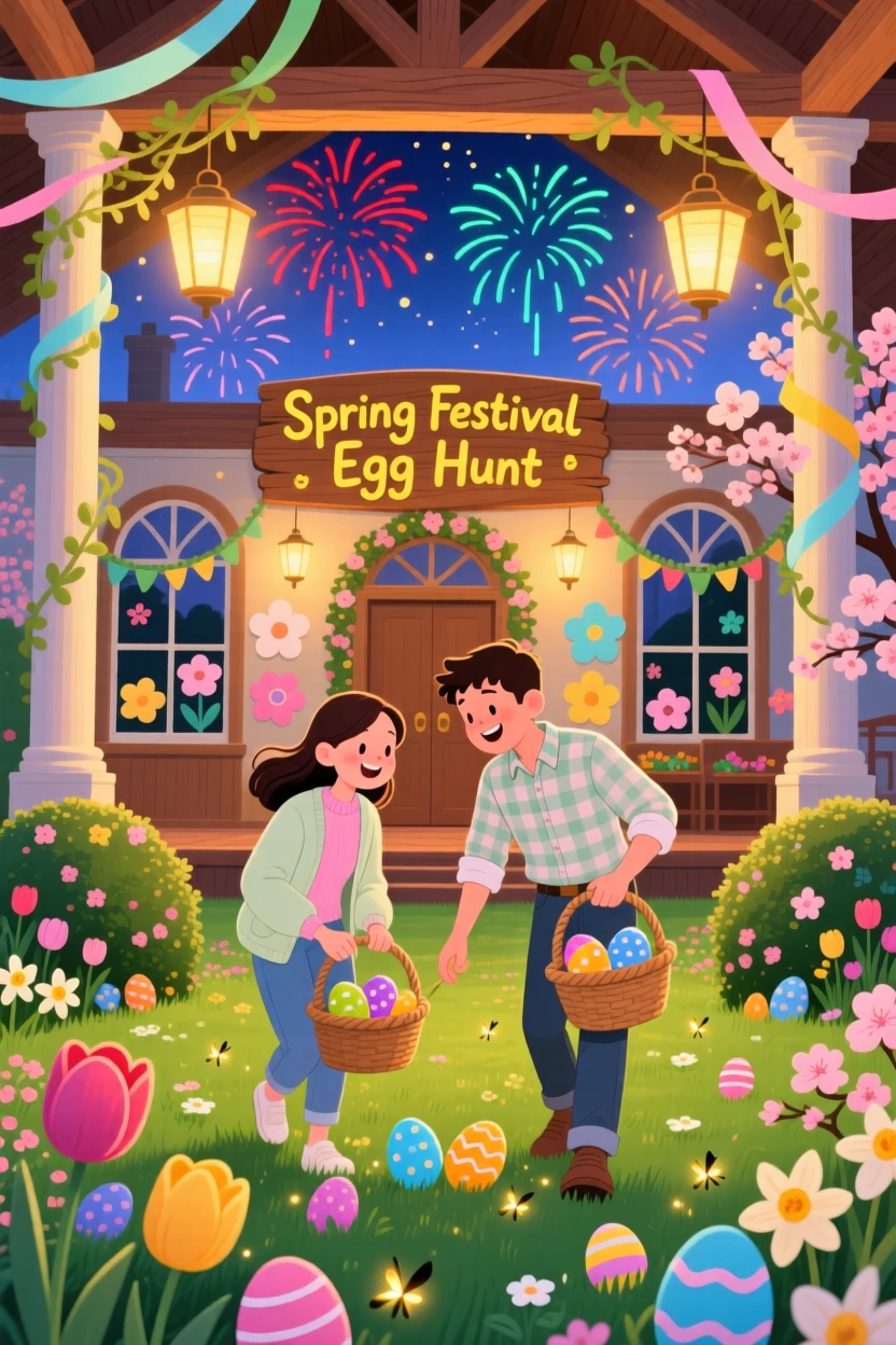 A young couple spend the evening hunting for hidden eggs in a spring garden in a decorated town hall, with fireworks bursting in the sky above.