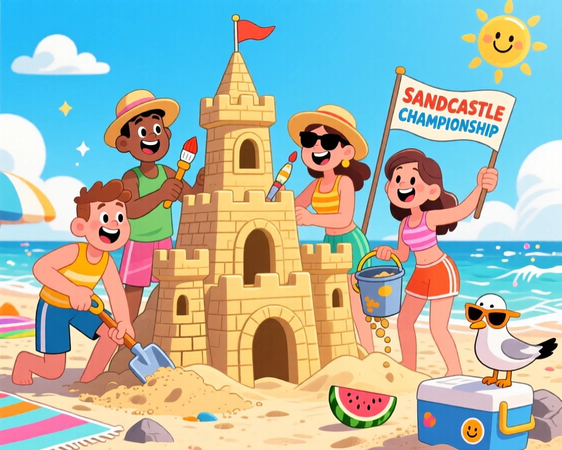 A team building a sandcastle sculpture for a beach competition.
