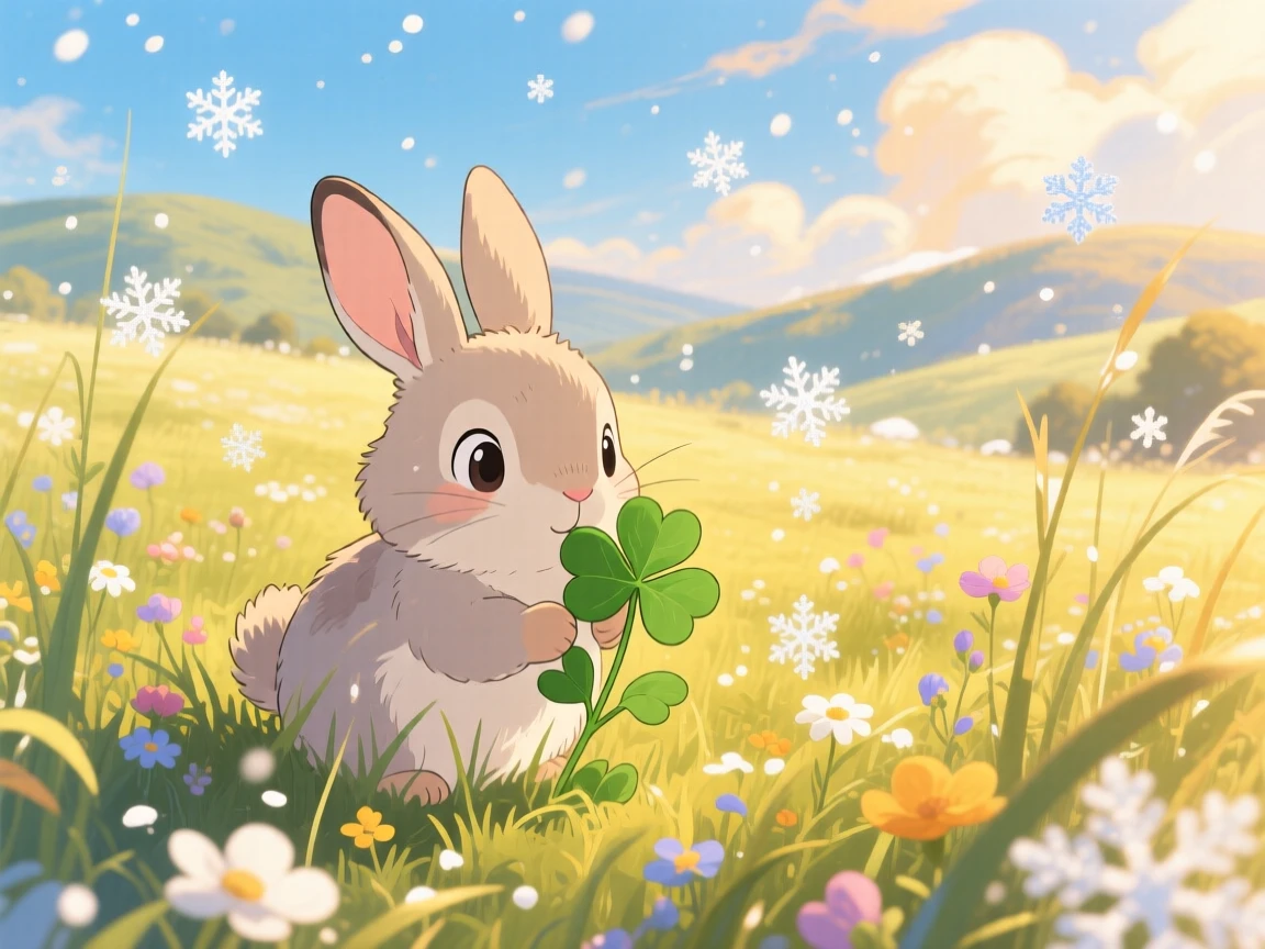 A rabbit nibbling clover in a sunny meadow, as gentle snow drifts down around it, radiating pure charm.
