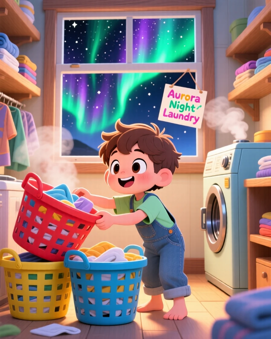 A small boy sorting laundry into colorful baskets in a cozy laundry room beneath swirling aurora-lit skies; diffused overcast light washes over the scene as eager anticipation fills the moment. Dynamic diagonal composition.