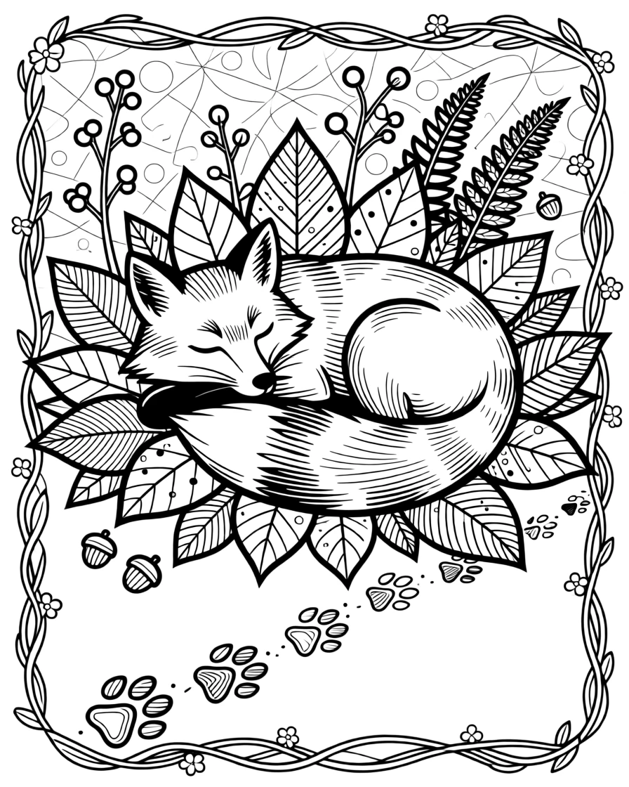 A single trail of paw prints leading toward a sleeping fox curled in leaves.
