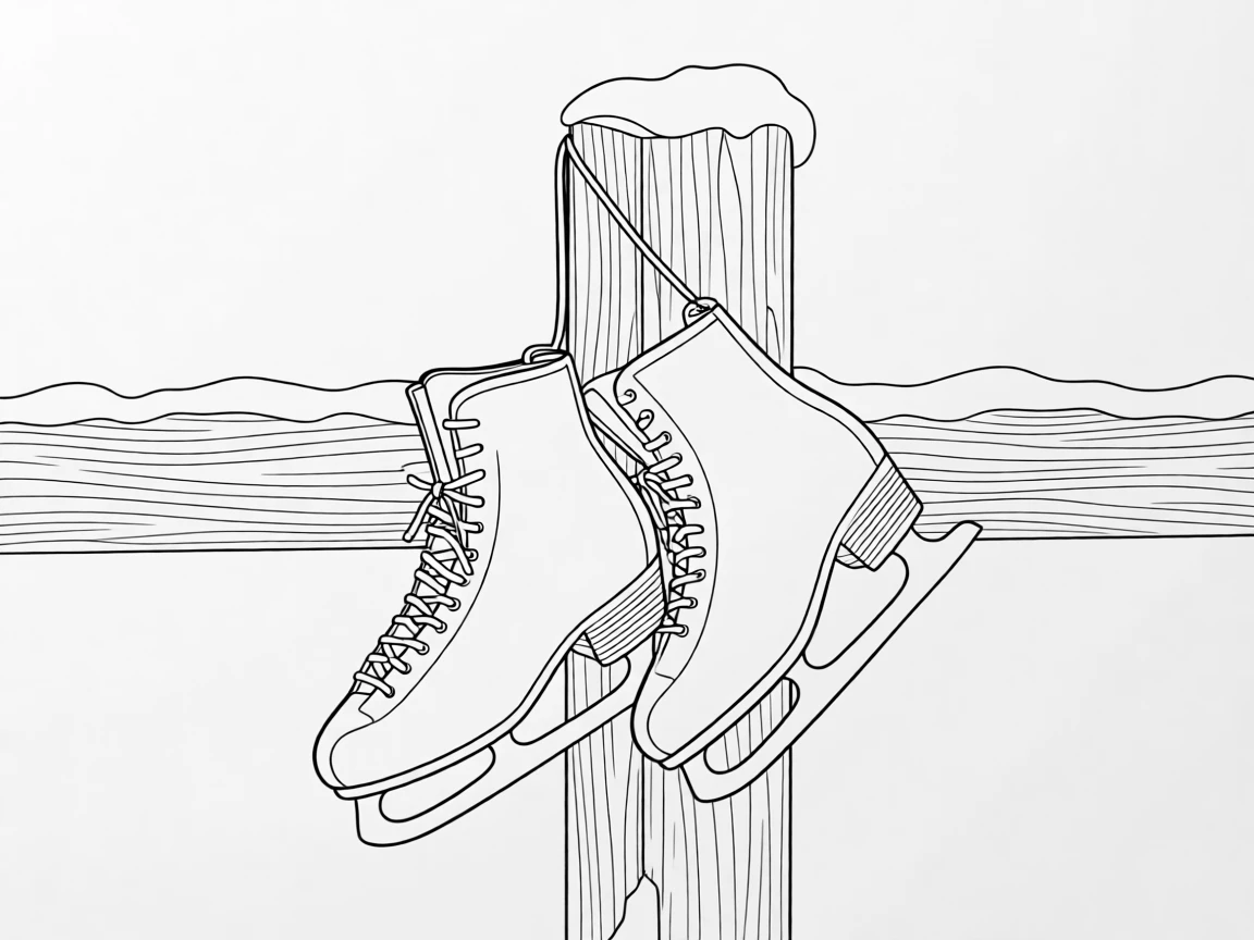 A pair of ice skates hanging on a snowy fence post