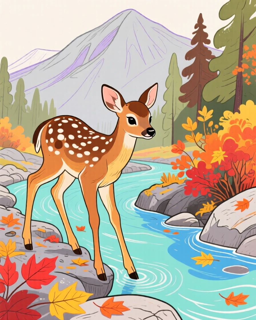A spotted fawn exploring beside a mountain stream on a crisp autumn day.