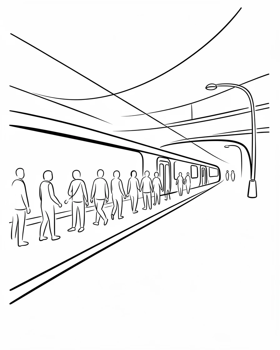 A busy subway platform with a train arriving beneath the city streets