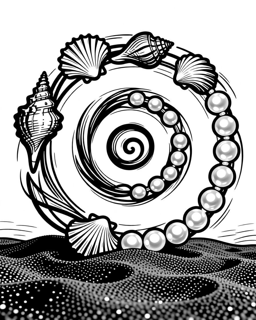 A collection of seashells and pearls arranged in a spiral on dark sand.
