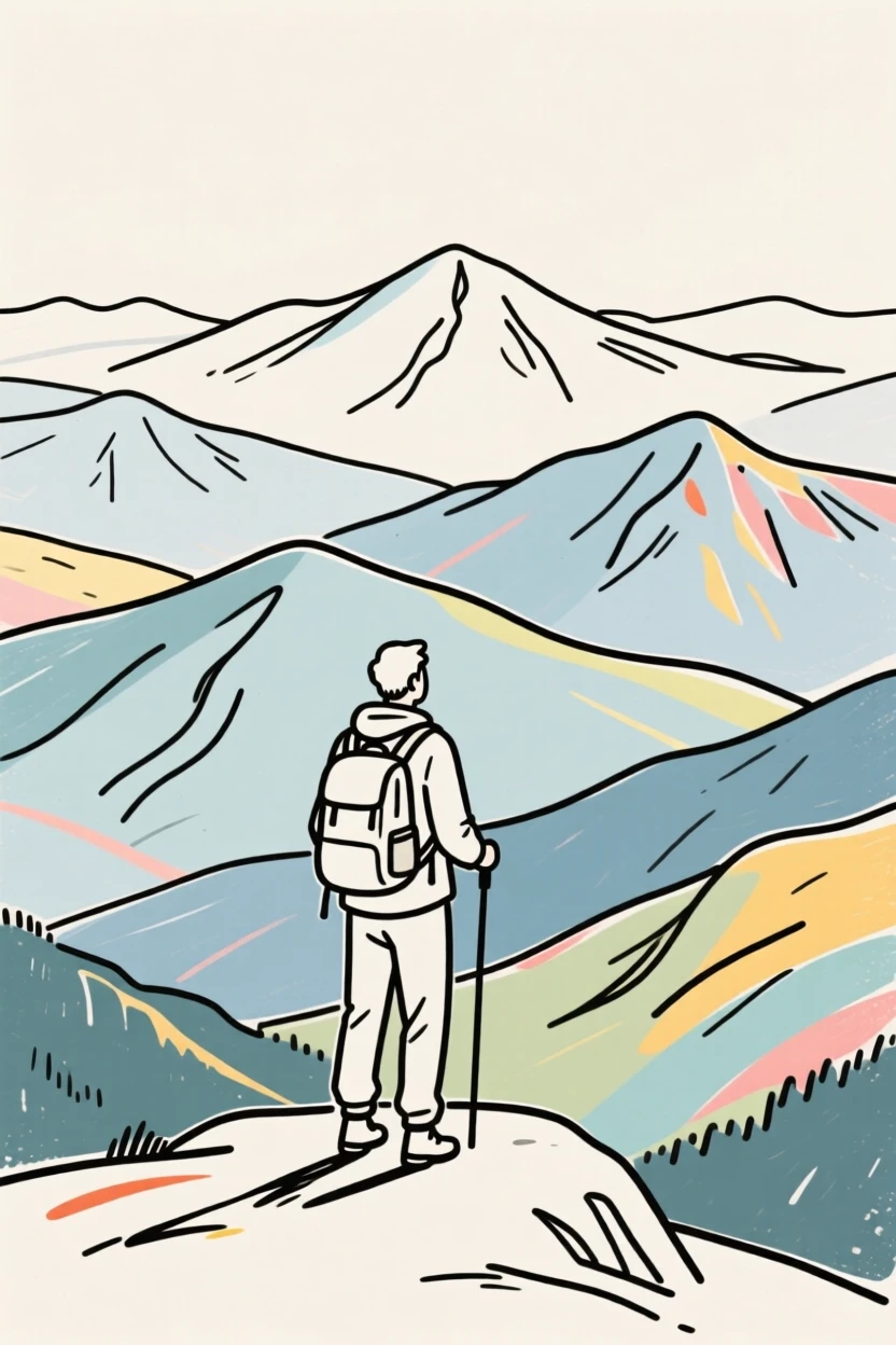A hiker standing at a scenic viewpoint overlooking layered mountain ridges.