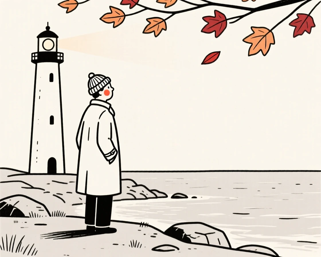 A lighthouse keeper watching the sea, glowing with nostalgia, under a canopy of autumn leaves.