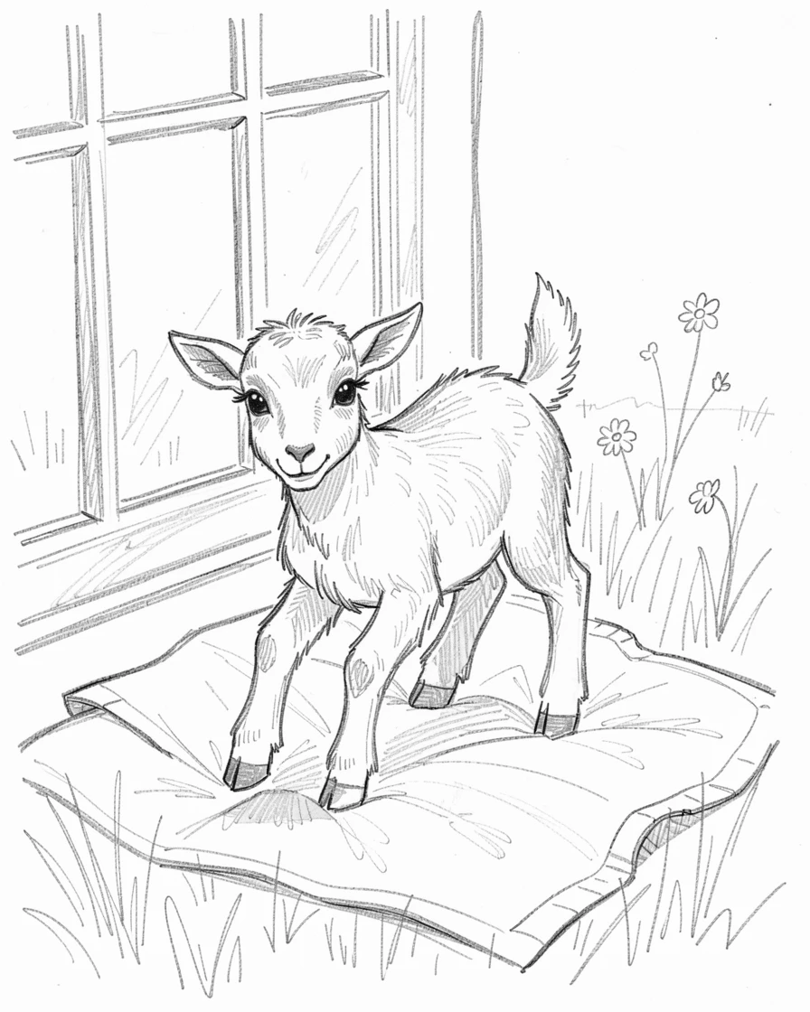 A baby goat hopping through a field, on a cozy blanket by a window, with big, curious eyes.