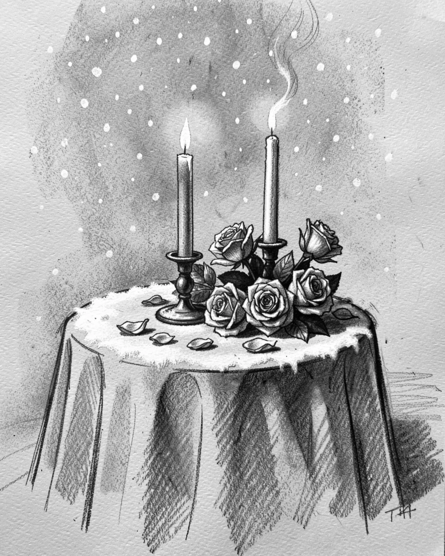 A Valentine's Day dinner set with candles and roses, under a soft blanket of falling snow.