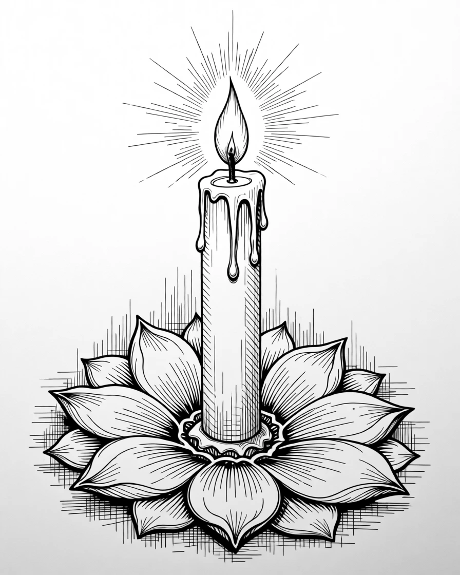 A single glowing candle surrounded by a circle of soft flower petals.