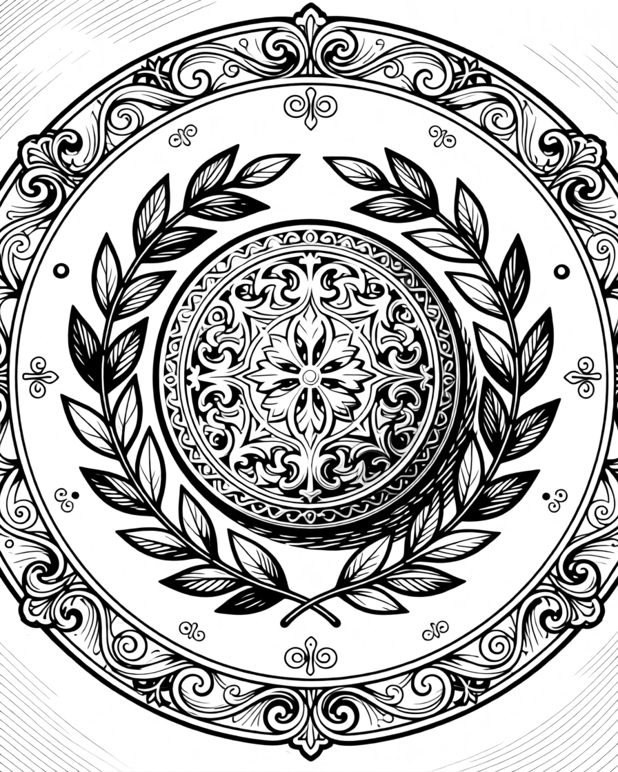 A decorative medallion framed by laurel branches framed within an ornate circular border, with small flourishes filling the negative space, forming a gracefully composed decorative composition.