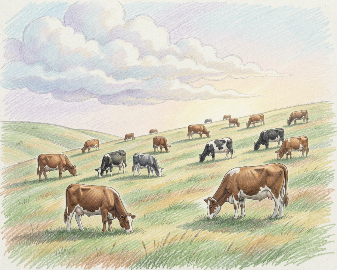 A pastoral hillside dotted with grazing cattle beneath drifting clouds, set against a softly lit, atmospheric backdrop, radiating comfort, joy, and quiet beauty.
