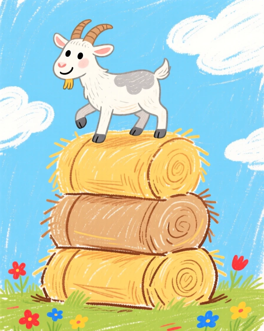 A goat balancing playfully atop a stack of hay bales.