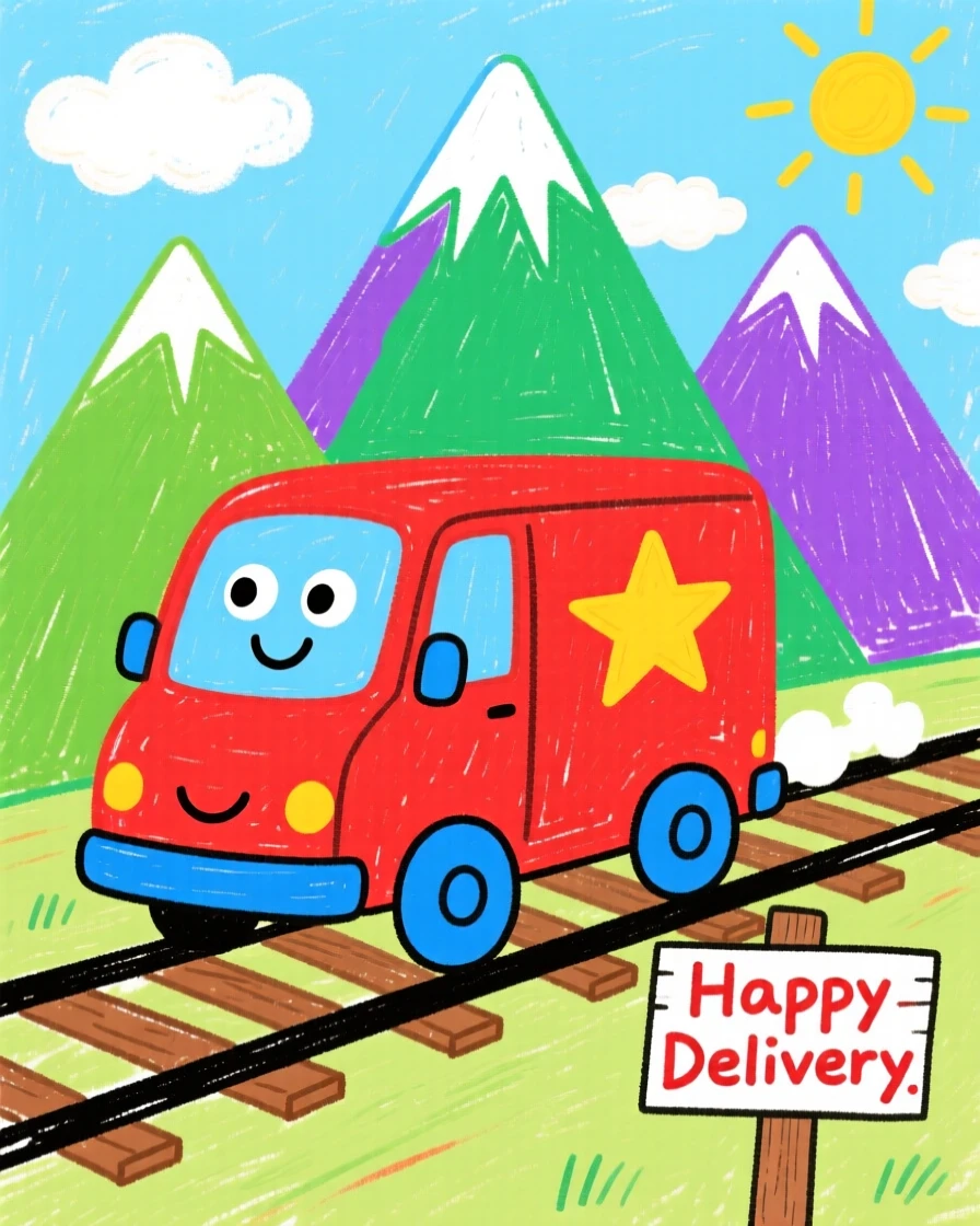 A friendly delivery van chugging along tracks beside a mountain range.