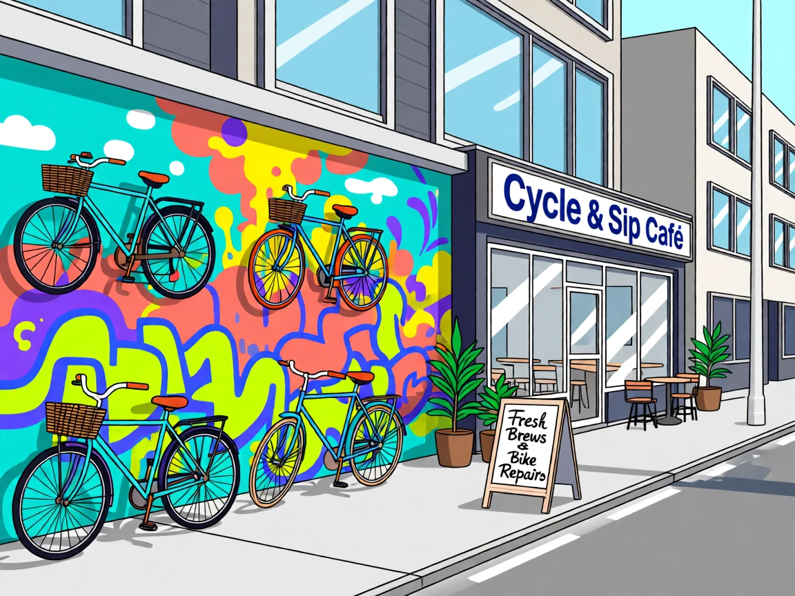 A trendy bicycle café with bikes parked along a colorful wall, surrounded by colorful street art and modern architecture, composed with a candid, lifestyle-magazine feel, with vibrant, trendy colors that feel fresh and current.