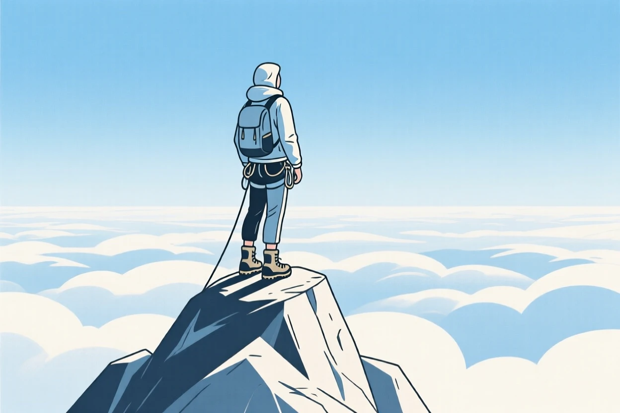 A climber reaching the summit and looking out over a sea of clouds.