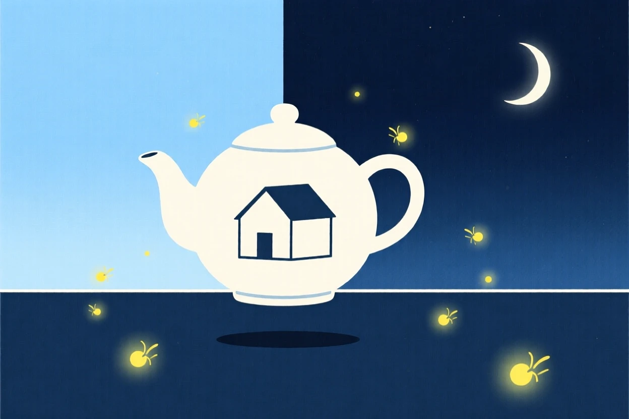 A tiny house built inside a teapot floating above a horizon where day meets night, surrounded by tiny glowing fireflies, radiating dreamlike serenity.