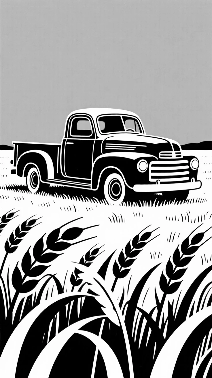An old red pickup truck parked in a wheat field.