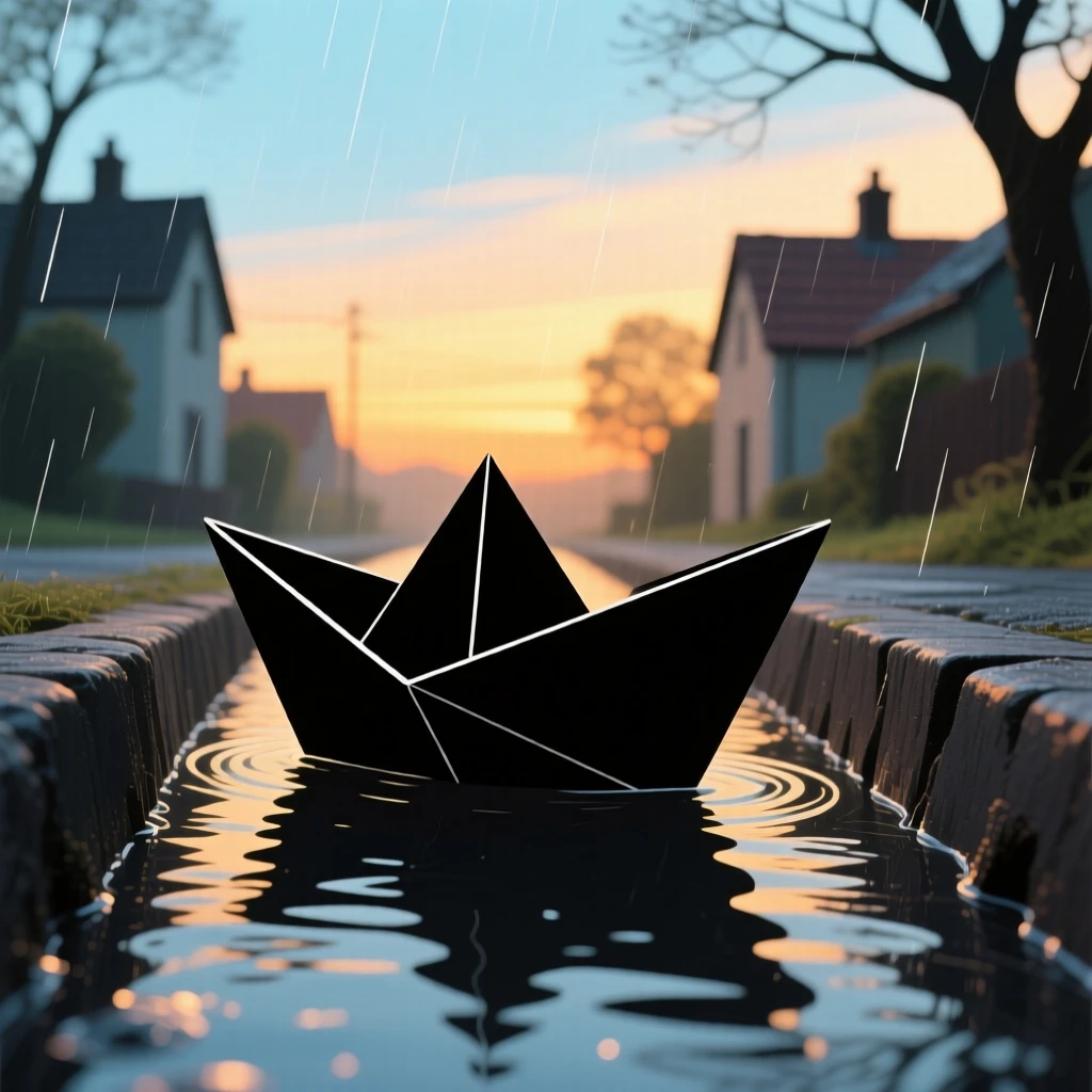 A single paper boat floating down a rain-swollen village gutter.