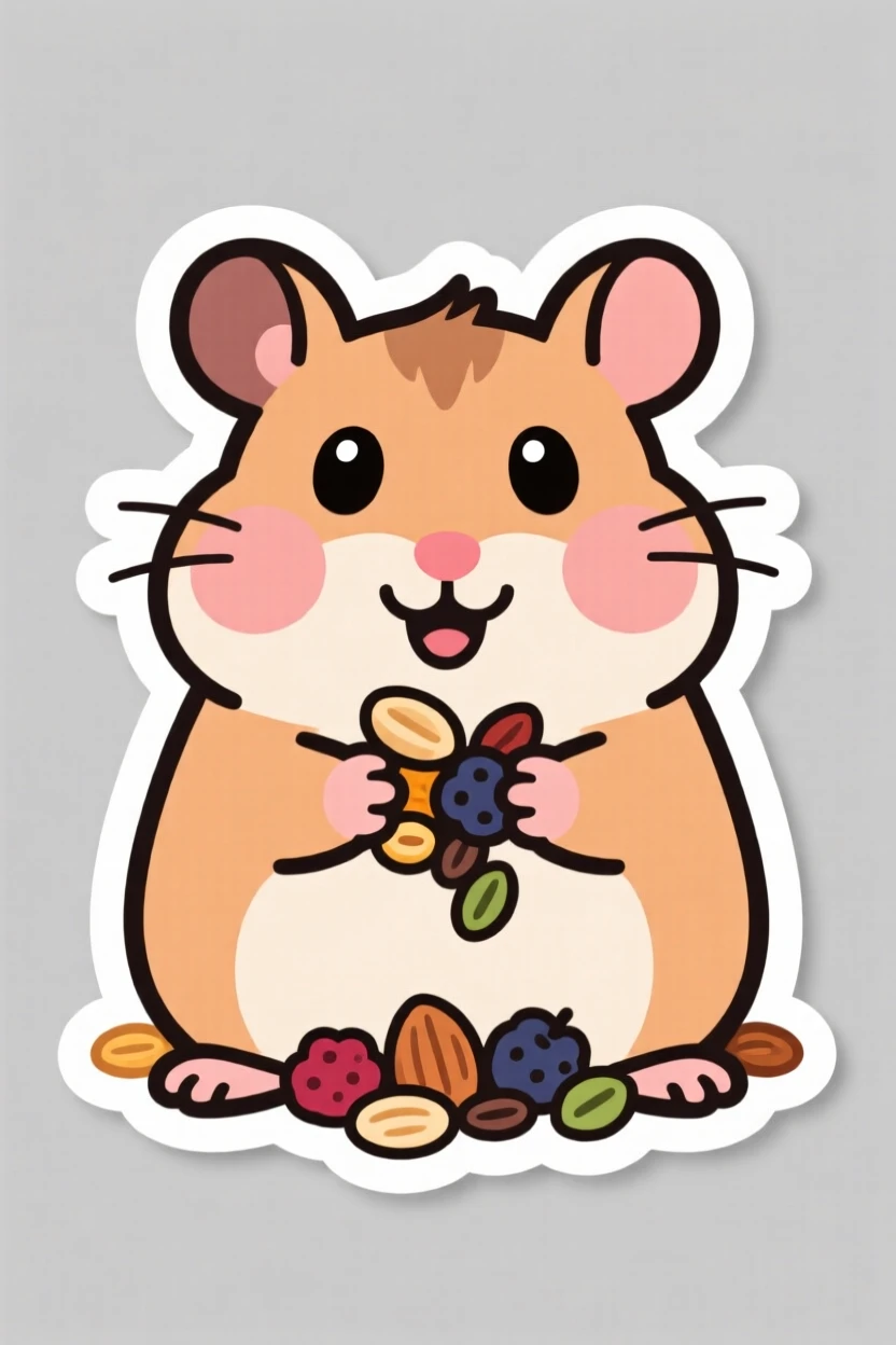 A playfully endearing hamster stuffing its cheeks with tiny snacks, radiating pure comfort and joy, the kind of wholesome scene that brightens a day.