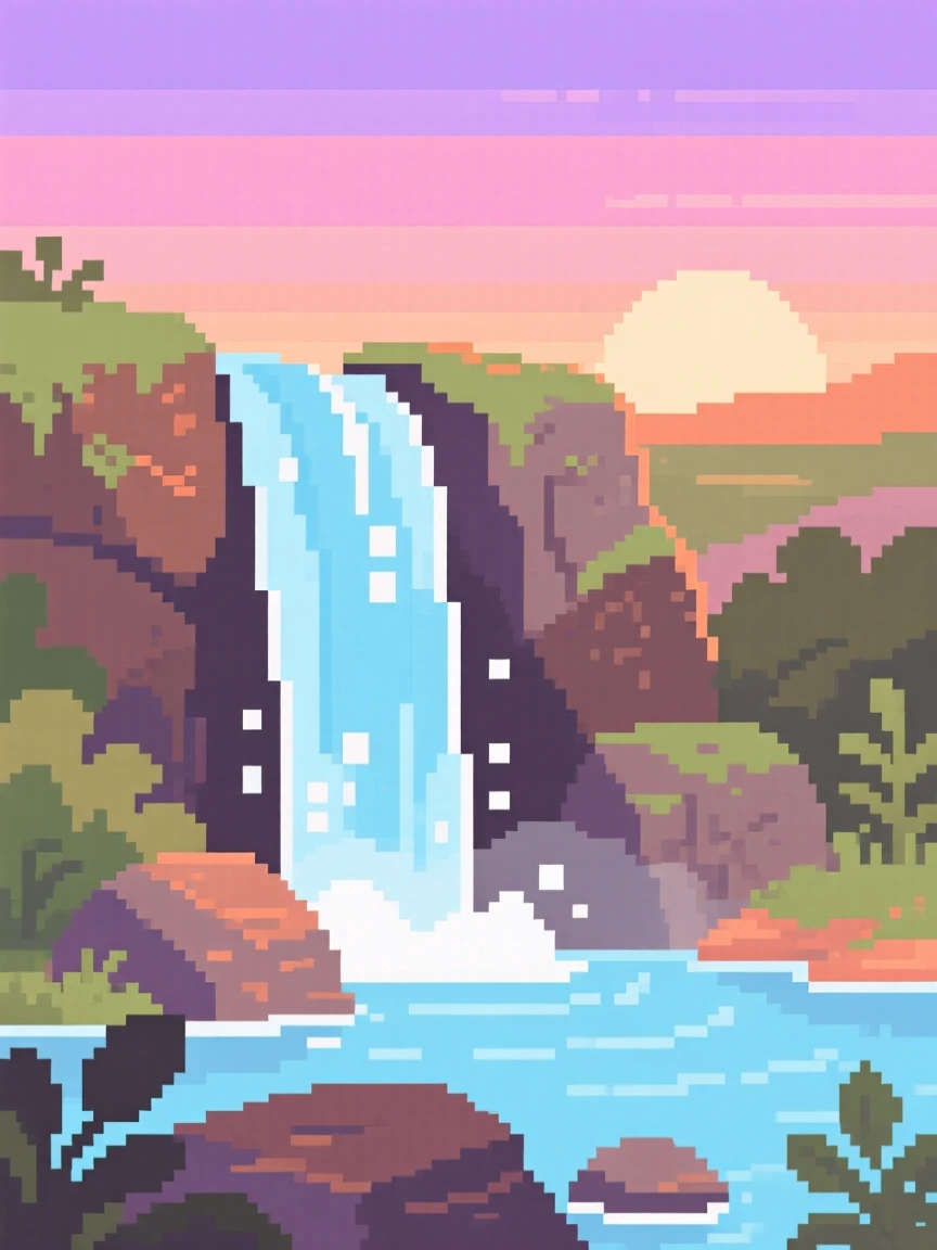 A quiet waterfall bathed in the soft light of early morning, under a sky painted with the colors of sunset.