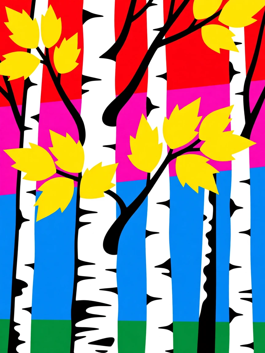 Autumn birch forest with white bark and golden leaves