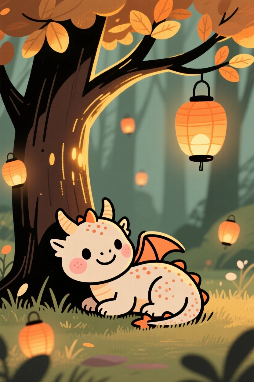 A small dragon rests beneath a glowing tree in an hidden magical glade, surrounded by floating lanterns that drifts gently through the air.