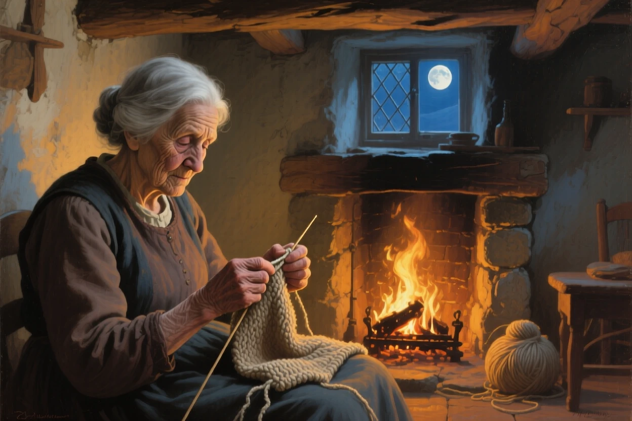 An intimate close-up of a grandmother knitting by a crackling fireplace, under a full moon, in antiquity.