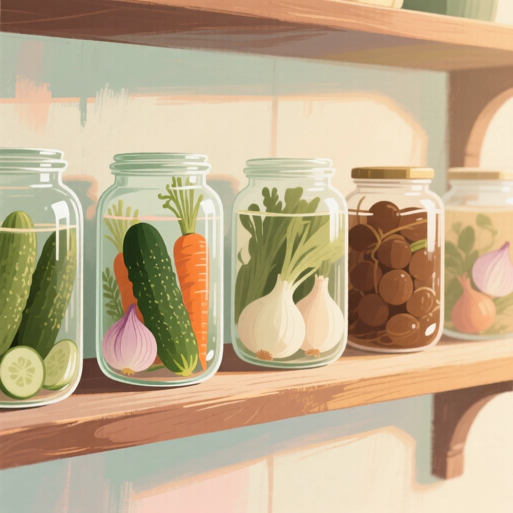 A row of glass jars filled with pickled vegetables on a wooden shelf