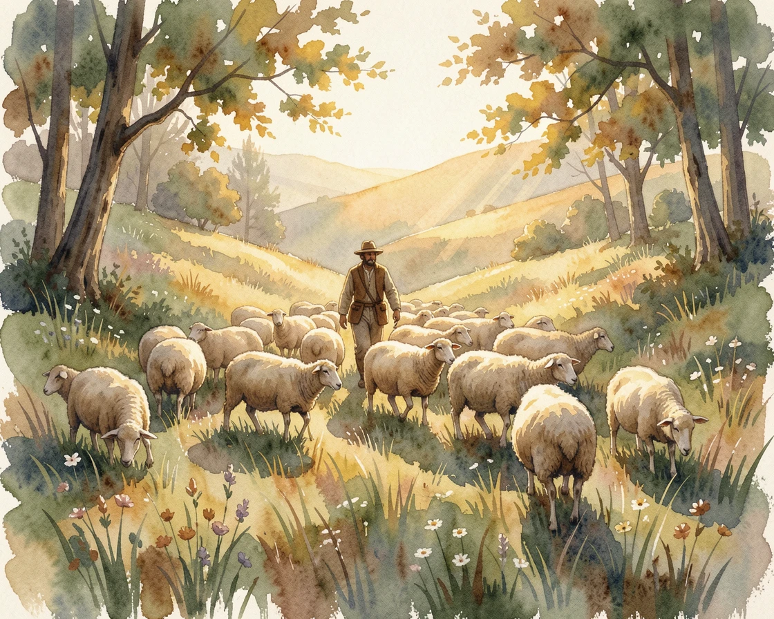 A shepherd walking with a flock across a hillside as the golden afternoon light filters through nearby trees.