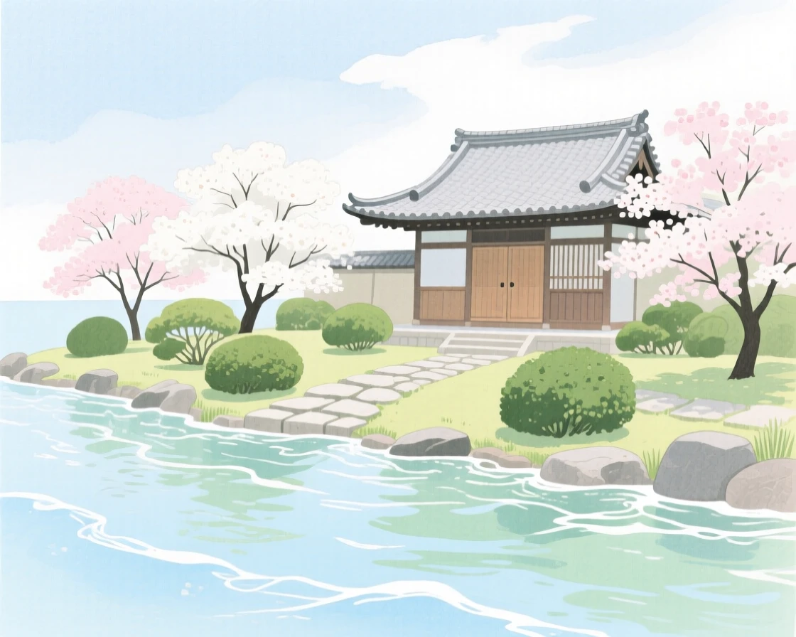 A serene view of a quiet monastery garden, with gentle waves lapping at the shore, evoking calm and quiet reflection
