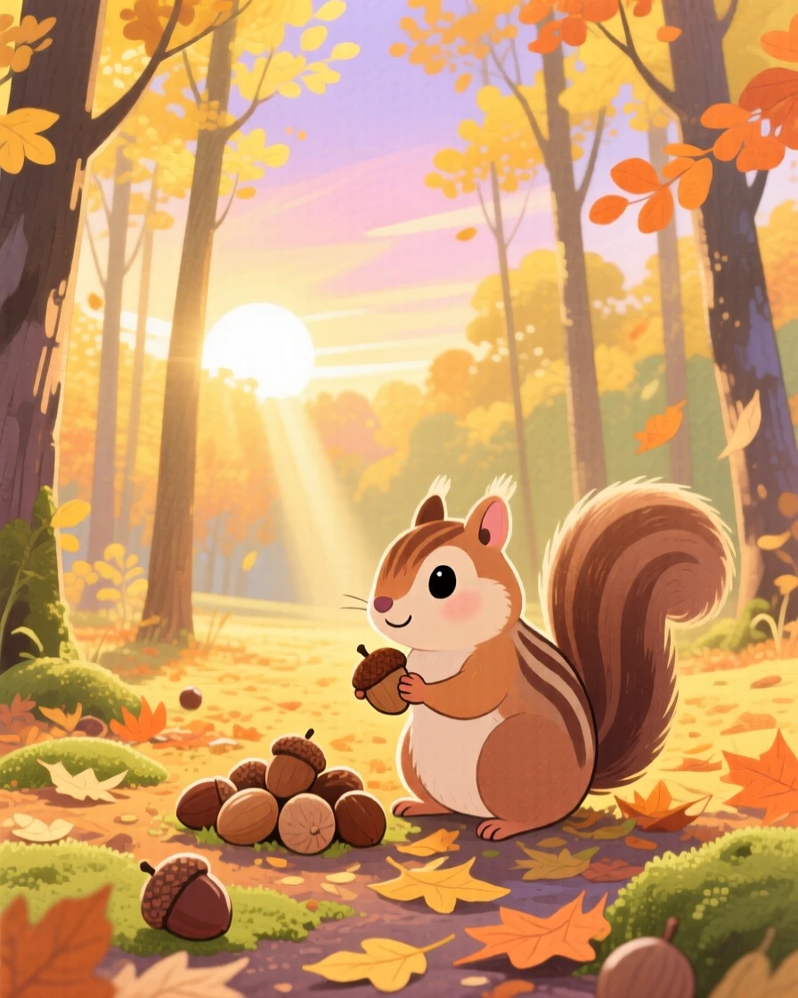 A chipmunk gathering acorns exploring a golden autumn woodland at sunrise.